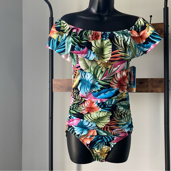 Swim Solutions Woman's Tummy Control Black Multi Floral One-Piece Swimsuit 10 - Picture 4 of 8